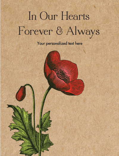 Seed packet with red flower illustration and text 'In Our Hearts Forever & Always' on a brown background