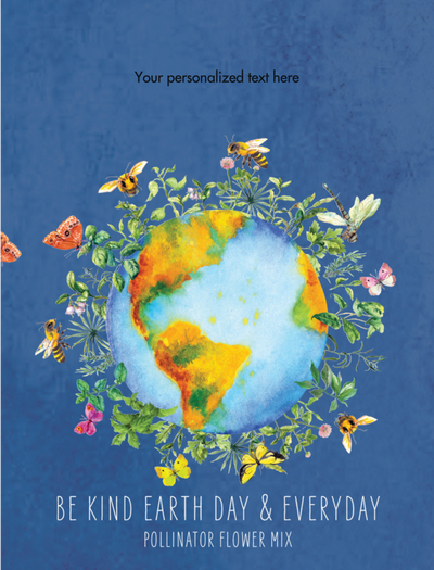 Design with a colorful Earth surrounded by flowers and bees on a blue background, suitable for Earth Day.