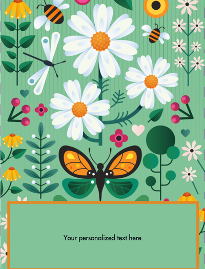 Seed packet with floral design, butterfly, and personalized text space on a green background.
