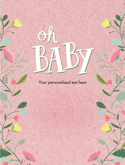 Pink background with floral designs and 'oh BABY' text