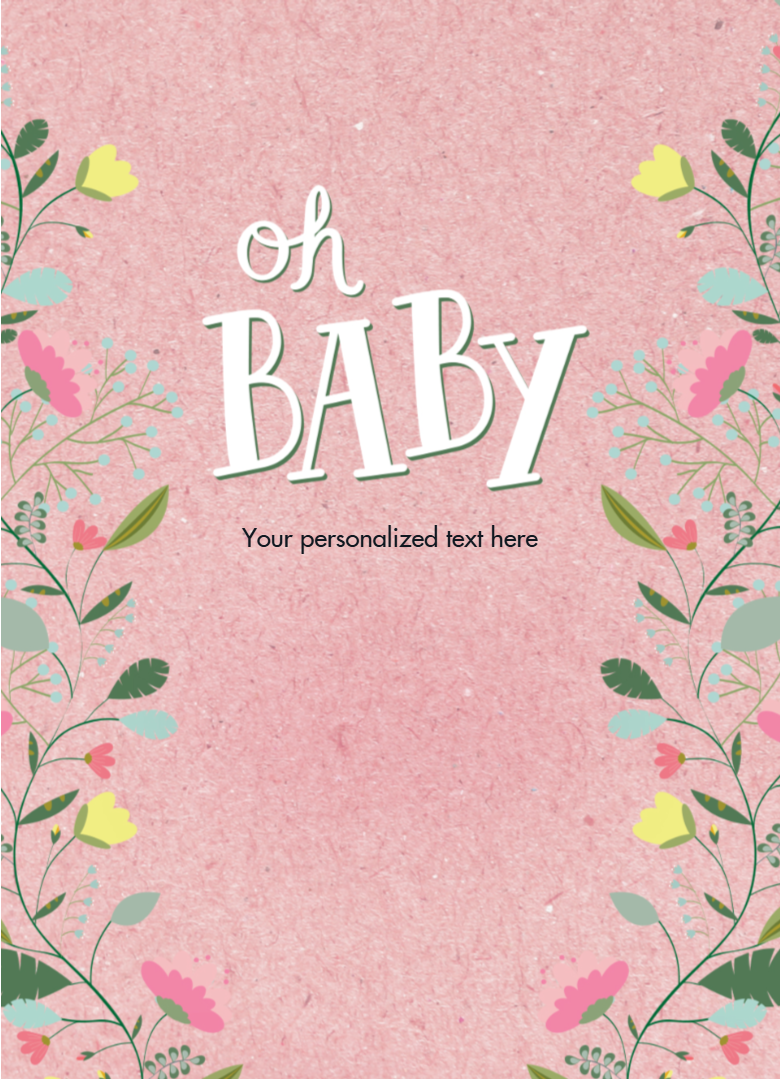 Pink background with floral designs and 'oh BABY' text