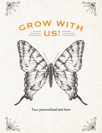 Butterfly illustration with 'Grow With Us!' text on a light background
