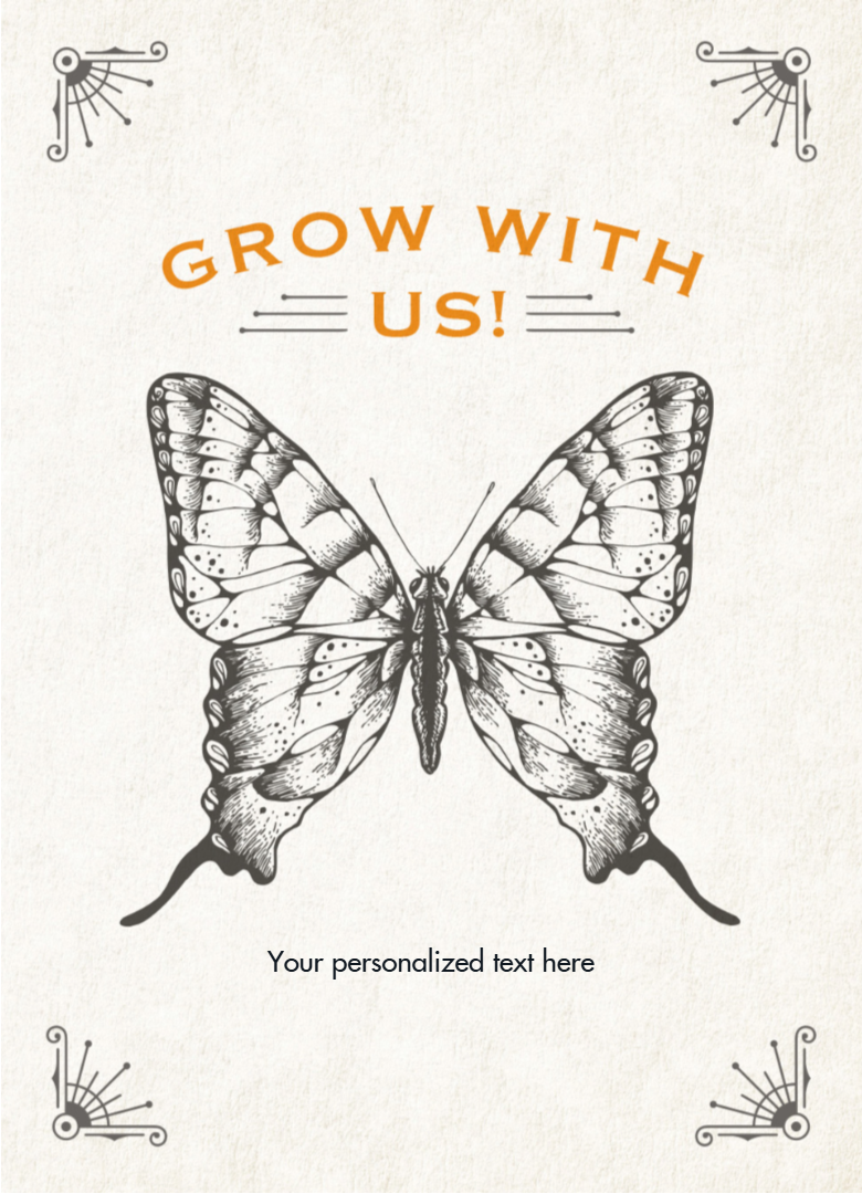 Butterfly illustration with 'Grow With Us!' text on a light background