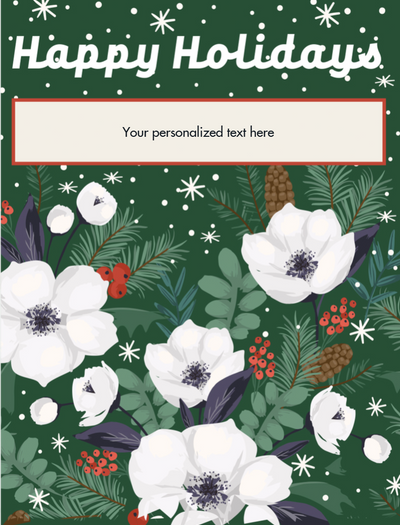 Holiday card with floral design and 'Happy Holidays' text on a green background