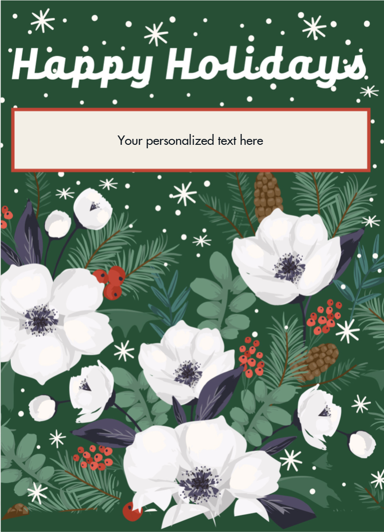 Holiday card with floral design and 'Happy Holidays' text on a green background
