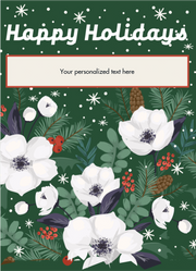 Holiday card with floral design and 'Happy Holidays' text on a green background