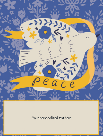 Card with a dove holding a 'peace' banner on a blue floral background