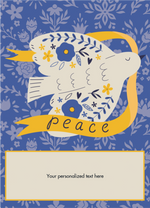 Card with a dove holding a 'peace' banner on a blue floral background