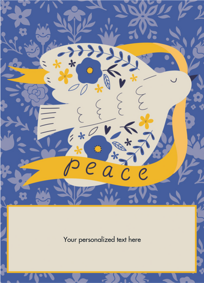 Card with a dove holding a 'peace' banner on a blue floral background