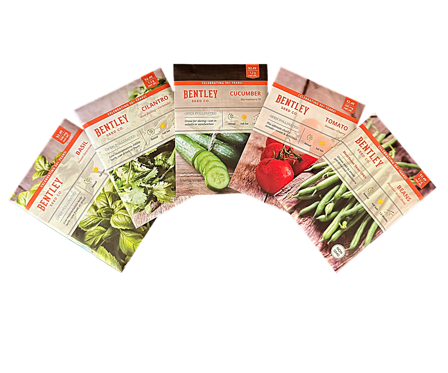 Five packages of Bentley Seeds on a white background