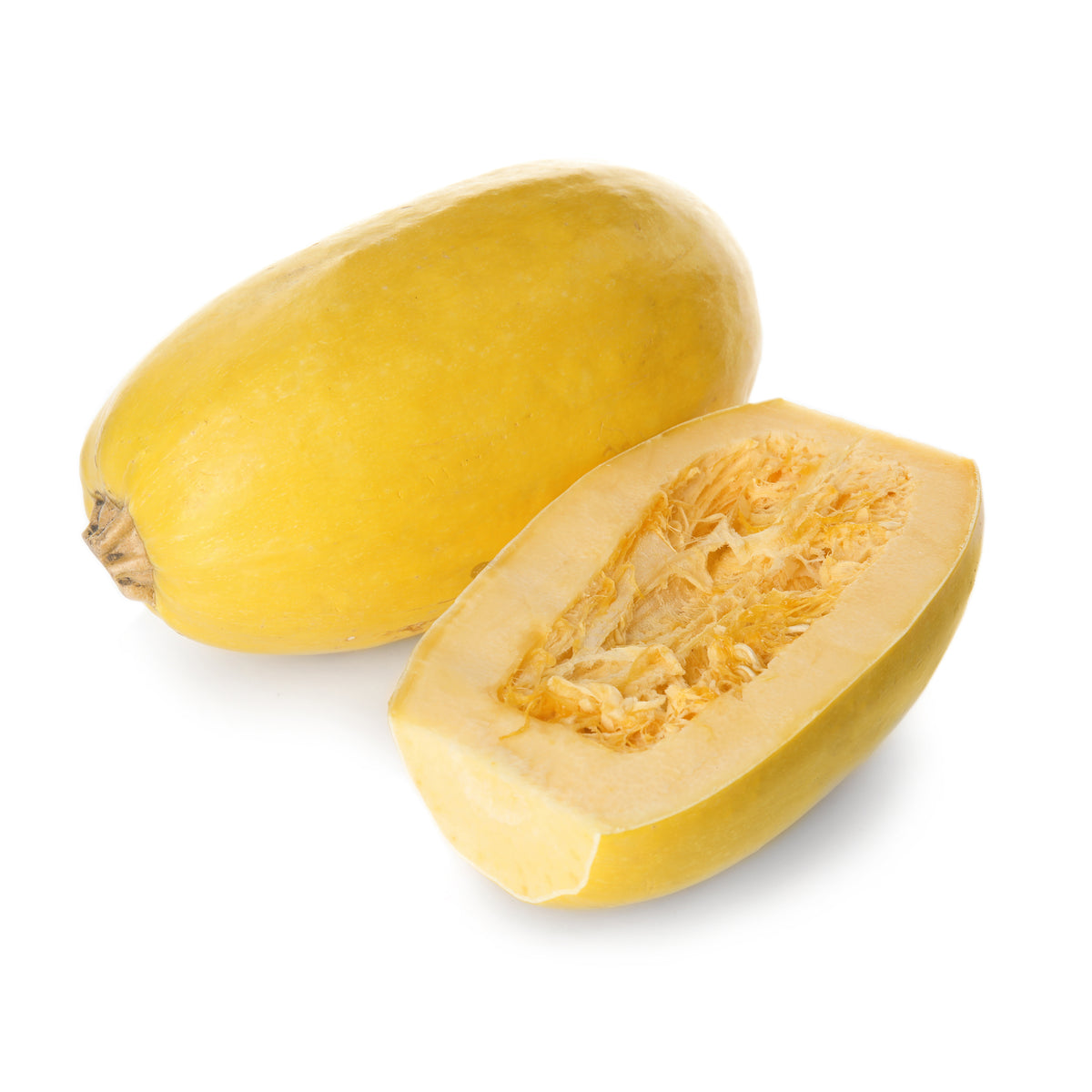 Two Spaghetti Squash one white background. One is cut in half.