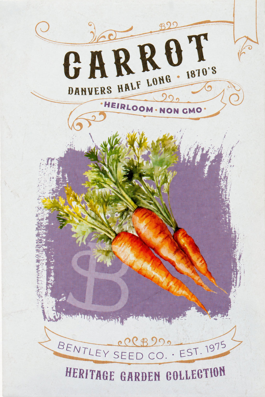 Front of heirloom Danvers Half Long Carrot seed packet.