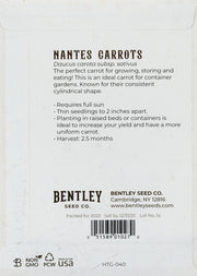 Back of heirloom Nantes Carrot seed packet with growing instructions.