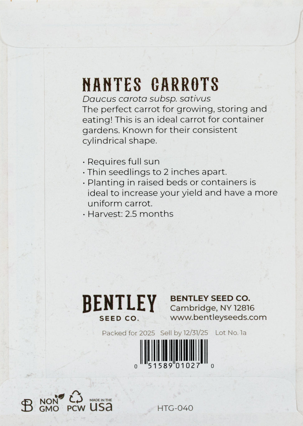 Back of heirloom Nantes Carrot seed packet with growing instructions.