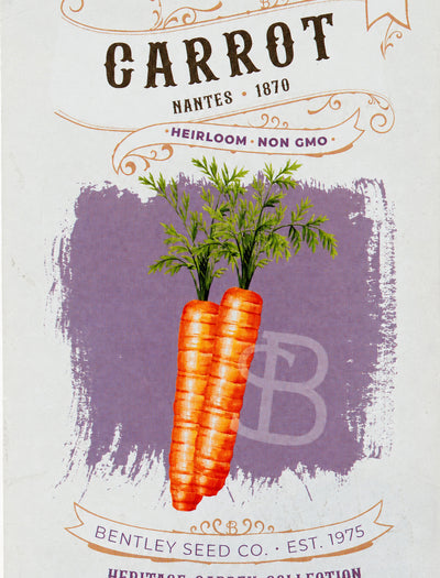 Front of heirloom Nantes Carrot seed packet.