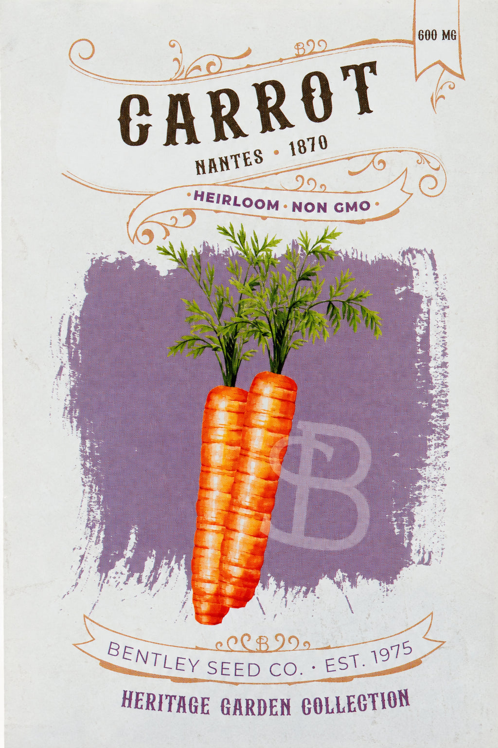 Front of heirloom Nantes Carrot seed packet.