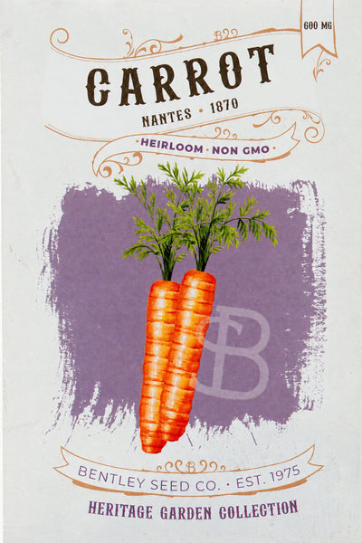Front of heirloom Nantes Carrot seed packet.