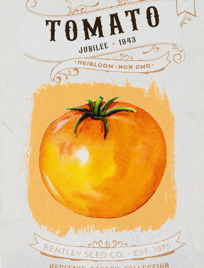 Front of heirloom Jubilee Tomato Seed Packet.
