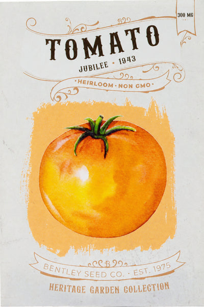 Front of heirloom Jubilee Tomato Seed Packet.