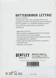 Back of heirloom Buttercrunch Lettuce seed packet with growing instructions.
