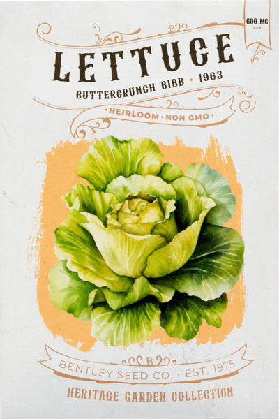 Front of heirloom Buttercrunch Lettuce seed packet. 