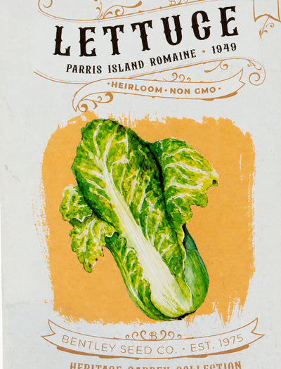 Front of heirloom Parris Island Romaine Lettuce seed packet.