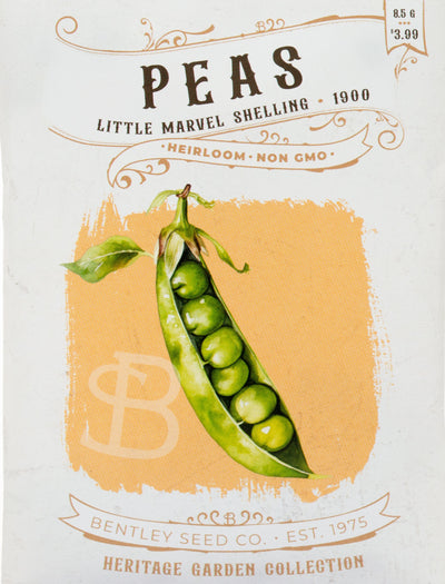 Front of heirloom Little Marvel Shelling Peas seed packets.