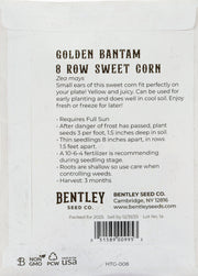 Back of heirloom Golden Bantam Corn seed packet with growing instructions.
