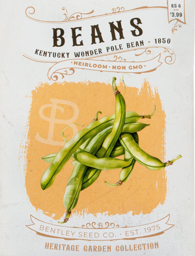 Front of heirloom Kentucky Wonder Pole Bean seed packet.