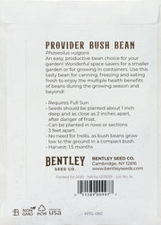 Back of heirloom Provider Bush Beans seed packet with growing instructions.