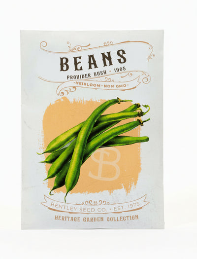 Front of heirloom Provider Bush bean seed packet.