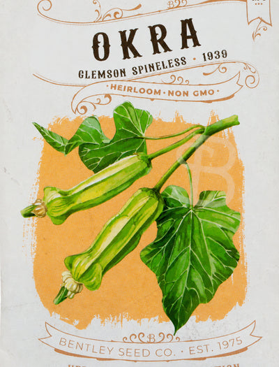 Front of heirloom Clemson Spineless Okra seed packet.