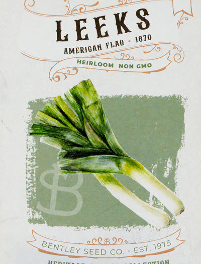 Front of heirloom American Flag Leek seed packet.