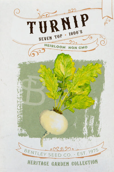 Front of heirloom Seven Top Turnip seed packet.