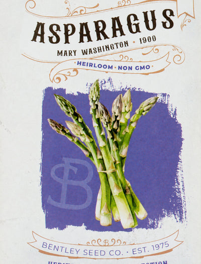 Front of heirloom Mary Washington Asparagus Seed Packet.