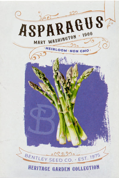 Front of heirloom Mary Washington Asparagus Seed Packet.