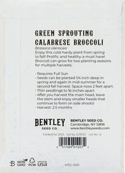 Back of heirloom Green Sprouting Broccoli Seed Packet with growing instructions.