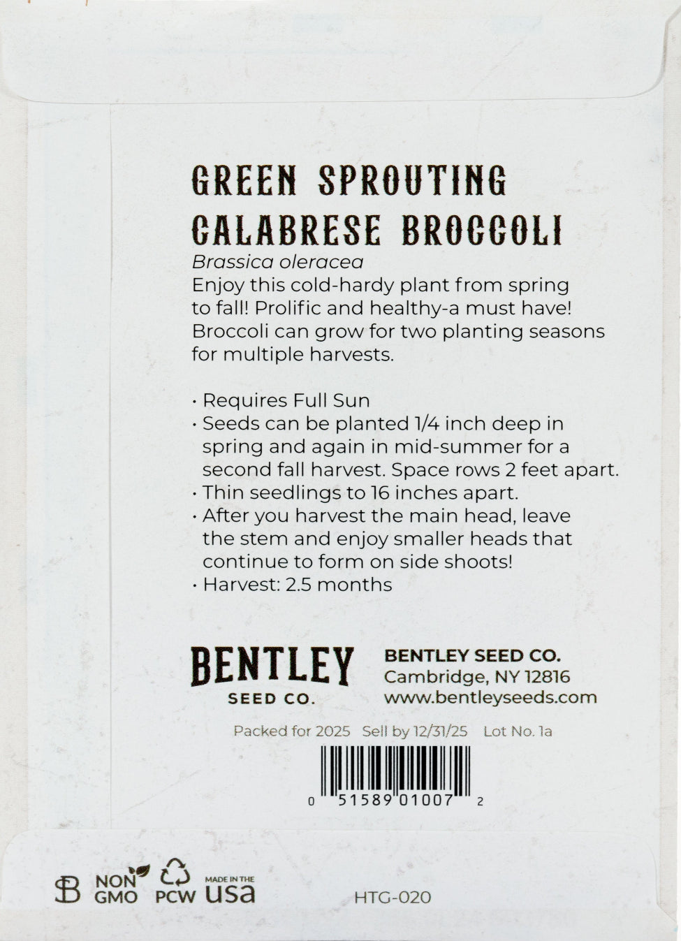 Back of heirloom Green Sprouting Broccoli Seed Packet with growing instructions.