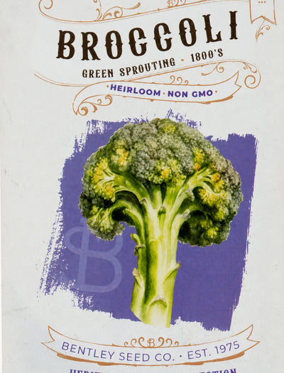 Front of heirloom Green Sprouting Broccoli seed packets.