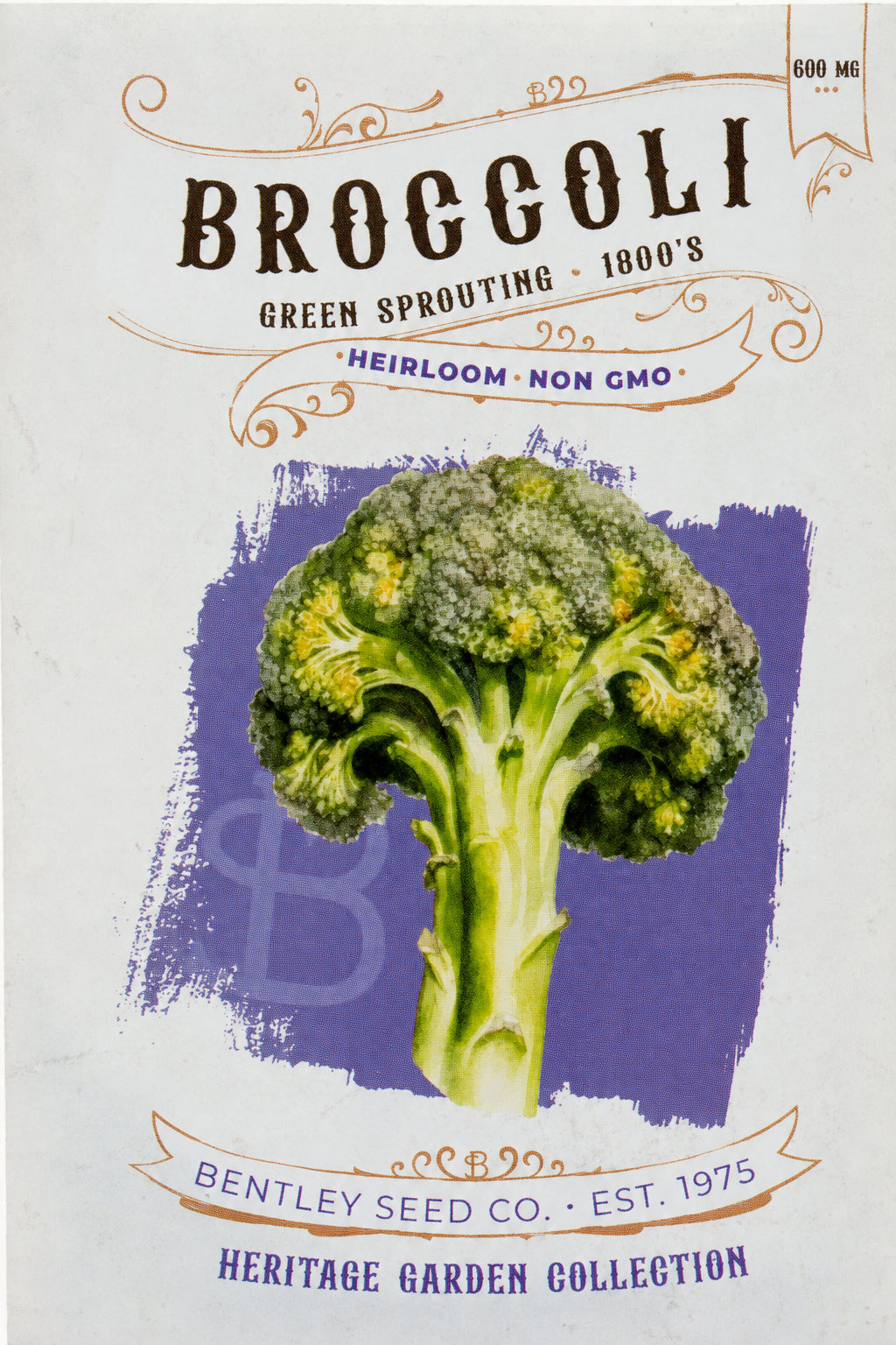 Front of heirloom Green Sprouting Broccoli seed packets.
