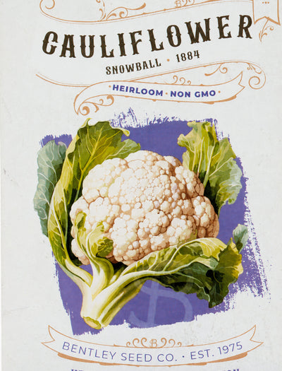Front of heirloom Snowball Cauliflower Seed Packet.