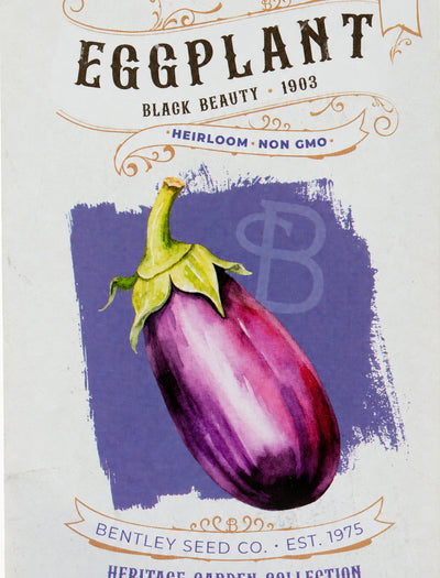 Front of heirloom Black Beauty Eggplant seed packet.