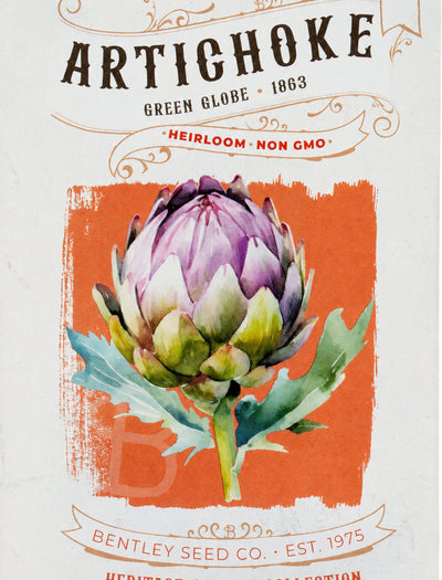 Front of heirloom Green Globe Artichoke seed packet.