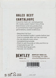 Back of heirloom Hales Best Cantaloupe seed packet with growing instructions. 
