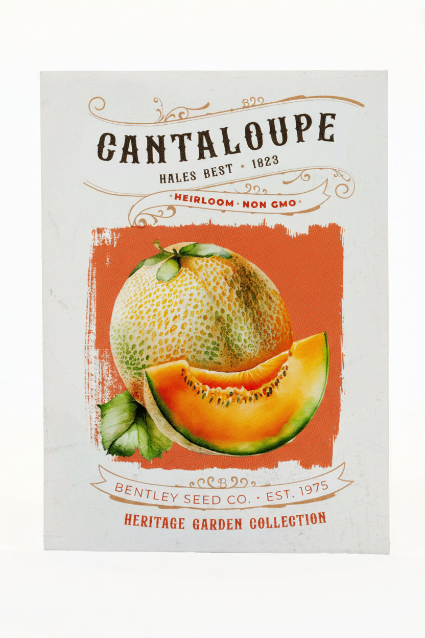 Front of heirloom Cantaloupe seed packet.