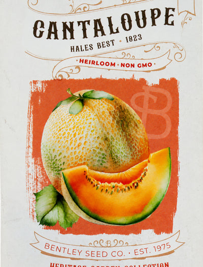 Front of heirloom Hales Best Cantaloupe seed packet.
