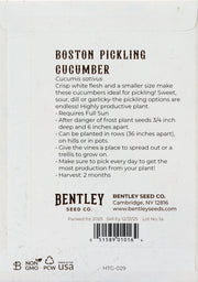 Back of heirloom Boston Pickling Cucumber seed packet with growing instructions.