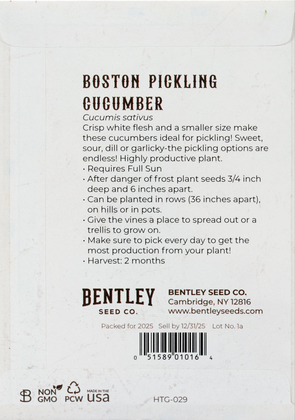 Back of heirloom Boston Pickling Cucumber seed packet with growing instructions.