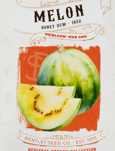 Front of heirloom Honey Dew Melon seed packet.