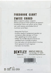 Back of heirloom Fordhook Giant Swiss Chard seed packet with growing instructions. 